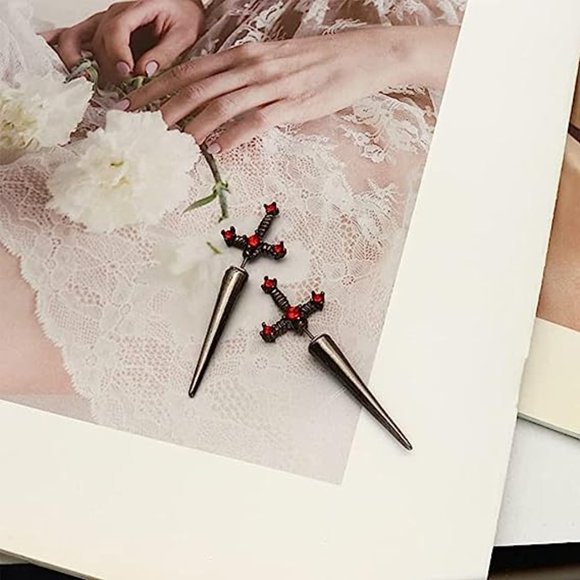 Gothic Sword Cool Punk Dagger Earrings Black With Red Crystal - Picture 2 of 4